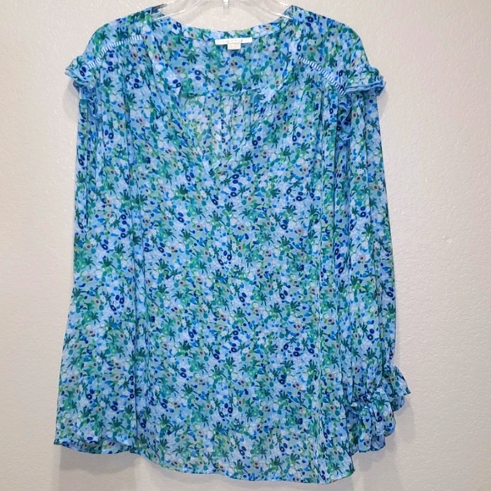 Copper & Ella Blue & Green Floral Flowy V-Neck Tunic 3X